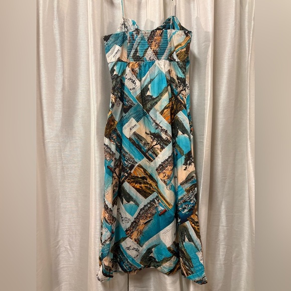 Anthropologie Blue and Green Postcard Print Midi Dress 16 - Picture 7 of 10